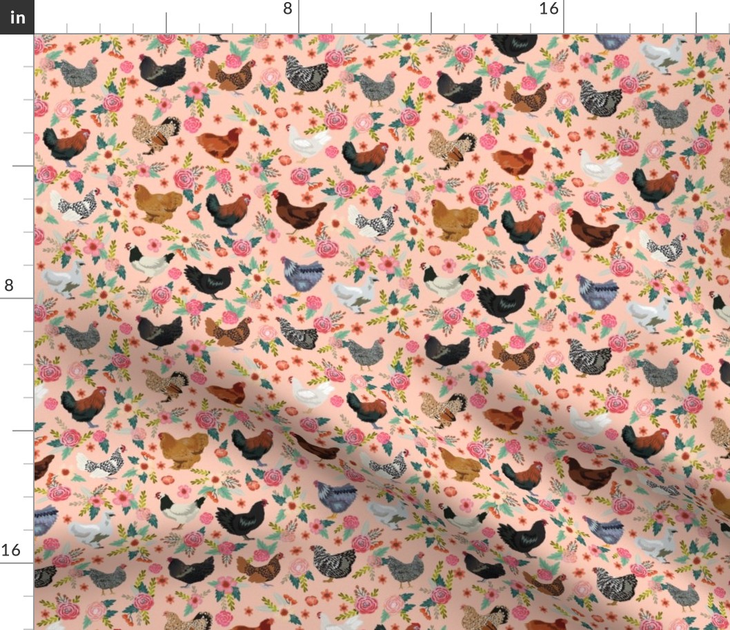 chicken breeds floral fabric - floral fabric, chicken fabric, chickens fabric, floral fabric, bird fabric, birds fabric - peach
