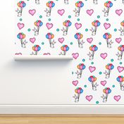 Ascending  Love / Bunnies,Balloons,Hearts - Multicolored  on White 
