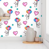 Ascending  Love / Bunnies,Balloons,Hearts - Multicolored  on White 