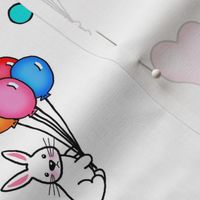 Ascending  Love / Bunnies,Balloons,Hearts - Multicolored  on White 