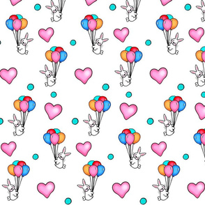Ascending  Love / Bunnies,Balloons,Hearts - Multicolored  on White 