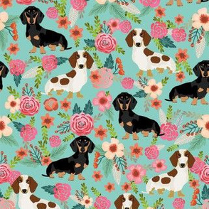 doxie floral dog fabric - dogs fabric, floral dogs - mint