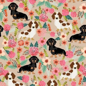doxie floral dog fabric - dogs fabric, floral dogs - tan