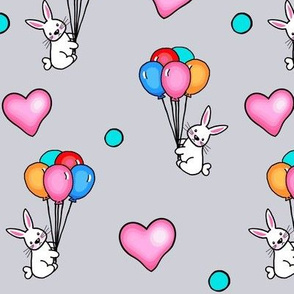 Ascending Love / Bunnies,Balloons,Hearts - Multicolored on grey   