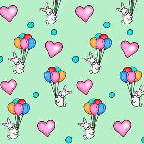Ascending  Love / Bunnies,Balloons,Hearts - Multicolored  on Mint Green  