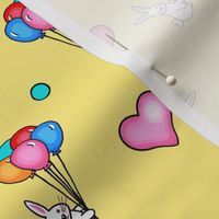 Ascending  Love / Bunnies,Balloons,Hearts - Multicolored on yellow  