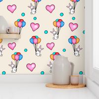 Ascending  Love/ Bunnies,Balloons,Hearts  - Multicolored on off white / ivory   