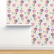 Ascending  Love/ Bunnies,Balloons,Hearts  - Multicolored on off white / ivory   