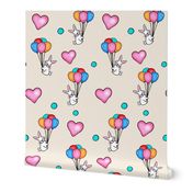 Ascending  Love/ Bunnies,Balloons,Hearts  - Multicolored on off white / ivory   