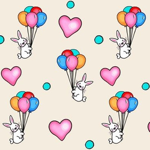 Ascending  Love/ Bunnies,Balloons,Hearts  - Multicolored on off white / ivory   