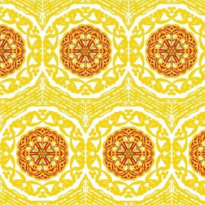 Gold Filigree Circles of Lacy Blossoms in a Chevron Border