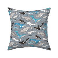 Whales Doodle Nautical Ocean Sea Blue on Grey