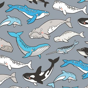 Whales Doodle Nautical Ocean Sea Blue on Grey