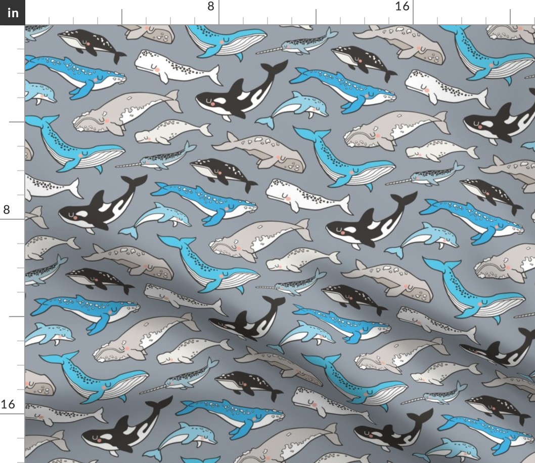 Whales Doodle Nautical Ocean Sea Blue on Grey