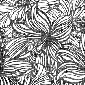 big tropical floral in black and white on linen