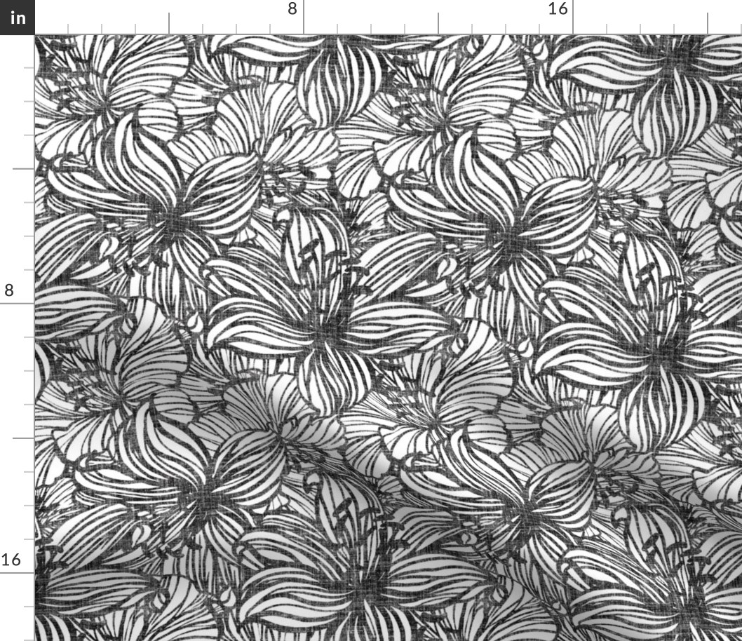 big tropical floral in black and white on linen