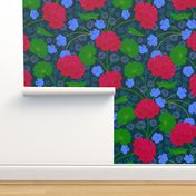 Geraniums Moody Florals Deep Red Purple Green Dark Blue - MEDIUM Scale - UnBlink Studio by Jackie Tahara