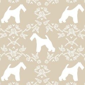 wire fox terrier dog silhouette fabric, dog silhouette fabric, dog fabric, wire fox terrier fabric, dog floral - tan