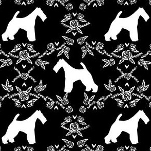 wire fox terrier dog silhouette fabric, dog silhouette fabric, dog fabric, wire fox terrier fabric, dog floral - black