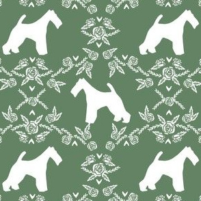 wire fox terrier dog silhouette fabric, dog silhouette fabric, dog fabric, wire fox terrier fabric, dog floral - green