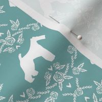 wire fox terrier dog silhouette fabric, dog silhouette fabric, dog fabric, wire fox terrier fabric, dog floral - dusty blue