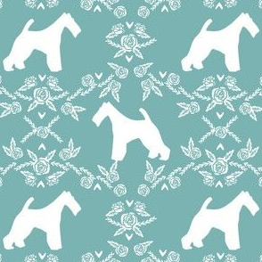 wire fox terrier dog silhouette fabric, dog silhouette fabric, dog fabric, wire fox terrier fabric, dog floral - dusty blue