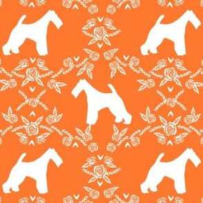 wire fox terrier dog silhouette fabric, dog silhouette fabric, dog fabric, wire fox terrier fabric, dog floral - orange