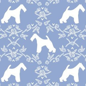 wire fox terrier dog silhouette fabric, dog silhouette fabric, dog fabric, wire fox terrier fabric, dog floral - cerulean
