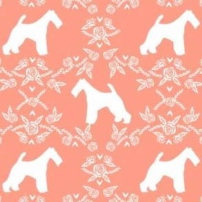 wire fox terrier dog silhouette fabric, dog silhouette fabric, dog fabric, wire fox terrier fabric, dog floral - peach