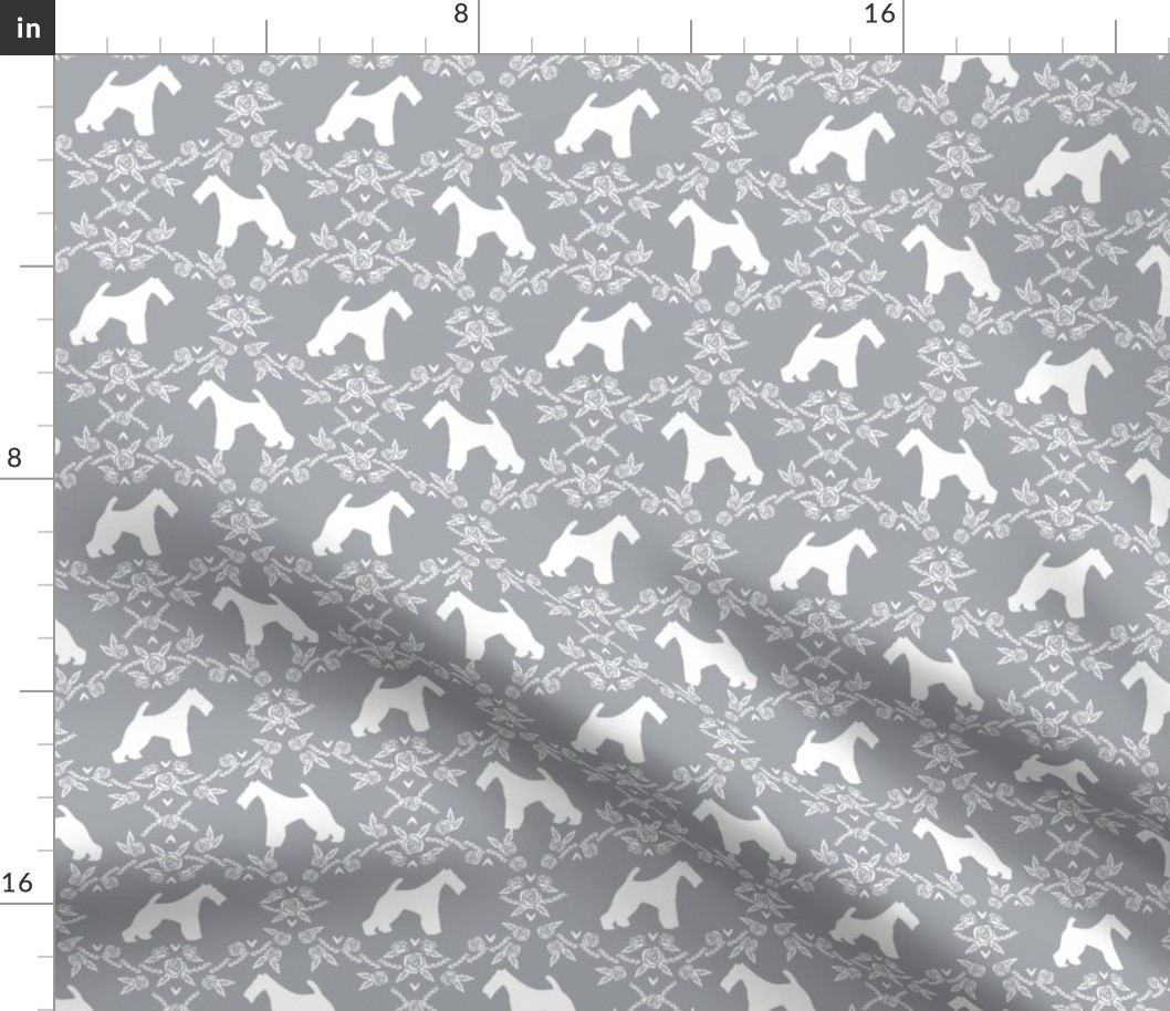 wire fox terrier dog silhouette fabric, dog silhouette fabric, dog fabric, wire fox terrier fabric, dog floral - grey