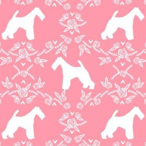 wire fox terrier dog silhouette fabric, dog silhouette fabric, dog fabric, wire fox terrier fabric, dog floral - pink