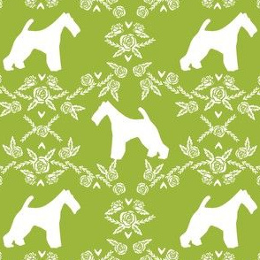 wire fox terrier dog silhouette fabric, dog silhouette fabric, dog fabric, wire fox terrier fabric, dog floral - lime