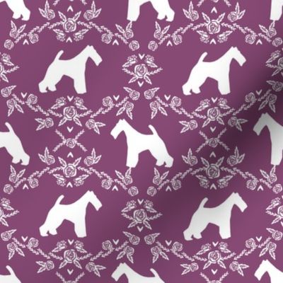 wire fox terrier dog silhouette fabric, dog silhouette fabric, dog fabric, wire fox terrier fabric, dog floral - amethyst