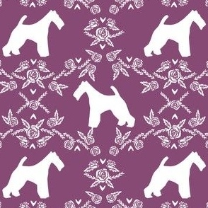wire fox terrier dog silhouette fabric, dog silhouette fabric, dog fabric, wire fox terrier fabric, dog floral - amethyst