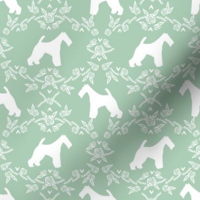 wire fox terrier dog silhouette fabric, dog silhouette fabric, dog fabric, wire fox terrier fabric, dog floral - mint