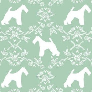wire fox terrier dog silhouette fabric, dog silhouette fabric, dog fabric, wire fox terrier fabric, dog floral - mint