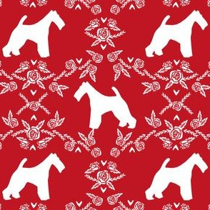 wire fox terrier dog silhouette fabric, dog silhouette fabric, dog fabric, wire fox terrier fabric, dog floral - red