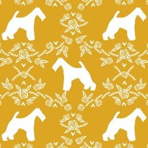 wire fox terrier dog silhouette fabric, dog silhouette fabric, dog fabric, wire fox terrier fabric, dog floral -mustard