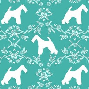 wire fox terrier dog silhouette fabric, dog silhouette fabric, dog fabric, wire fox terrier fabric, dog floral - turquoise