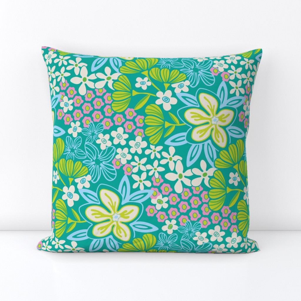 Full Bloom Garden Floral Botanical Blue Green White Pink on Teal - UnBlink Studio by Jackie Tahara