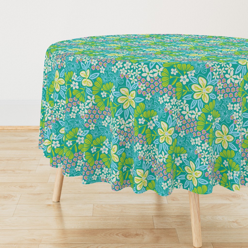 Full Bloom Garden Floral Botanical Blue Green White Pink on Teal - UnBlink Studio by Jackie Tahara