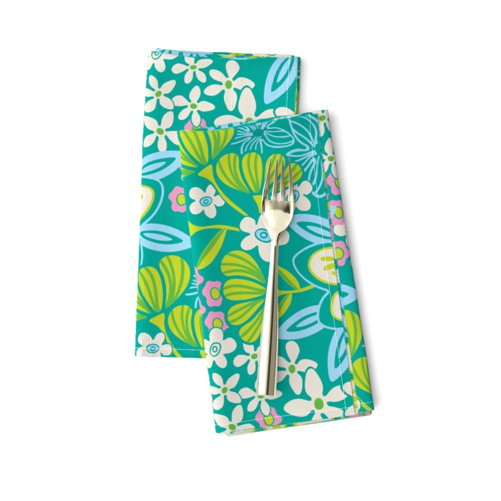 Full Bloom Garden Floral Botanical Blue Green White Pink on Teal - UnBlink Studio by Jackie Tahara