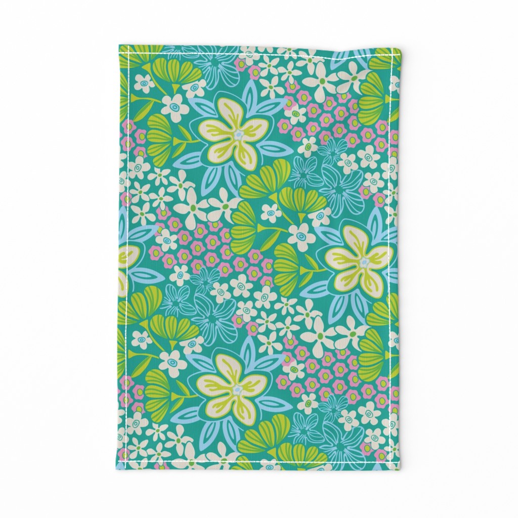 Full Bloom Garden Floral Botanical Blue Green White Pink on Teal - UnBlink Studio by Jackie Tahara