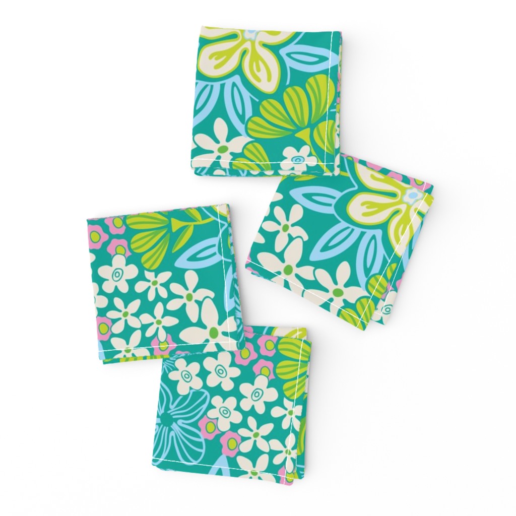 Full Bloom Garden Floral Botanical Blue Green White Pink on Teal - UnBlink Studio by Jackie Tahara