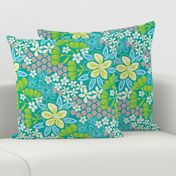 Full Bloom Garden Floral Botanical Blue Green White Pink on Teal - UnBlink Studio by Jackie Tahara