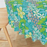 Full Bloom Garden Floral Botanical Blue Green White Pink on Teal - UnBlink Studio by Jackie Tahara