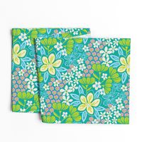 Full Bloom Garden Floral Botanical Blue Green White Pink on Teal - UnBlink Studio by Jackie Tahara