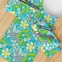 Full Bloom Garden Floral Botanical Blue Green White Pink on Teal - UnBlink Studio by Jackie Tahara