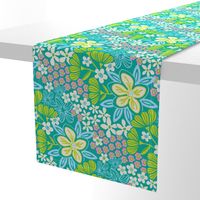 Full Bloom Garden Floral Botanical Blue Green White Pink on Teal - UnBlink Studio by Jackie Tahara