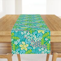 Full Bloom Garden Floral Botanical Blue Green White Pink on Teal - UnBlink Studio by Jackie Tahara